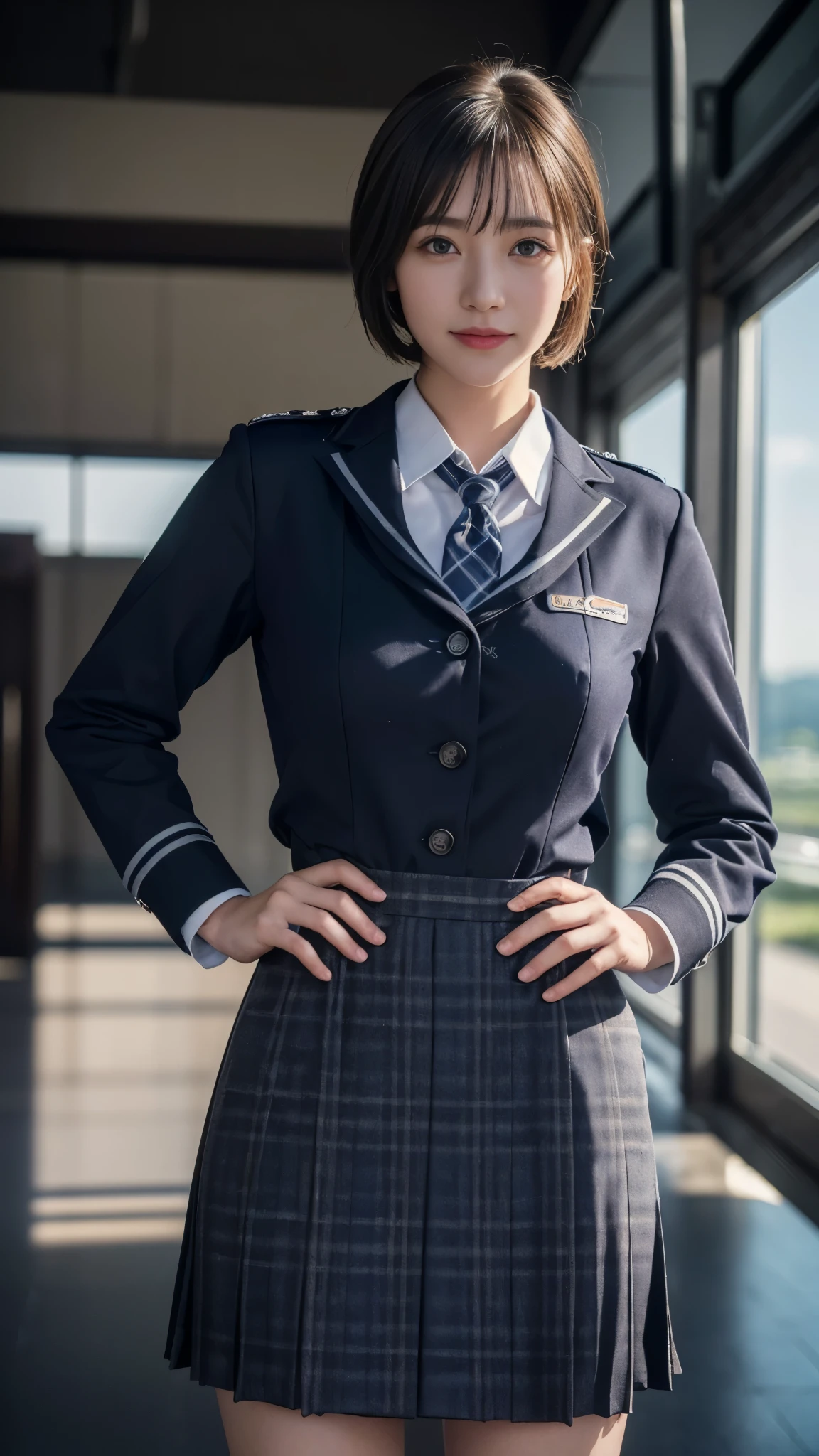 (dramatic angle)(stewardess  uniform)Mix 4,ultra detail  (8k, RAW Photos, 最high quality, masterpiece: 1.45), (Realistic, Photorealistic: 1.37), （Ultra high definition）（Textured skin）（Very detailed）（high quality）（最high quality）（First Person View）Cute woman,smile ,airport,Bobcut