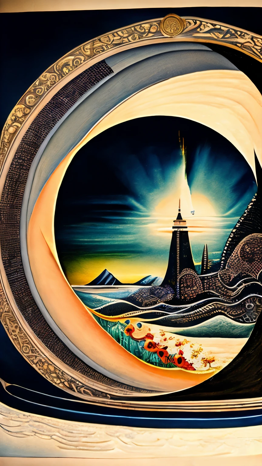 best quality, super fine, 16k, incredibly absurdres, extremely detailed, 2.5D, delicate and dynamic, fusion of watercolors and oil paintings, mix of Japanese painting, ukiyo-e and woodblock prints, mix of monochrome and color, the transition of time, the birth and the disappearance of time, the Northern Renaissance steam diesel clock cyber, abstract symbolism, mystery, the big bang