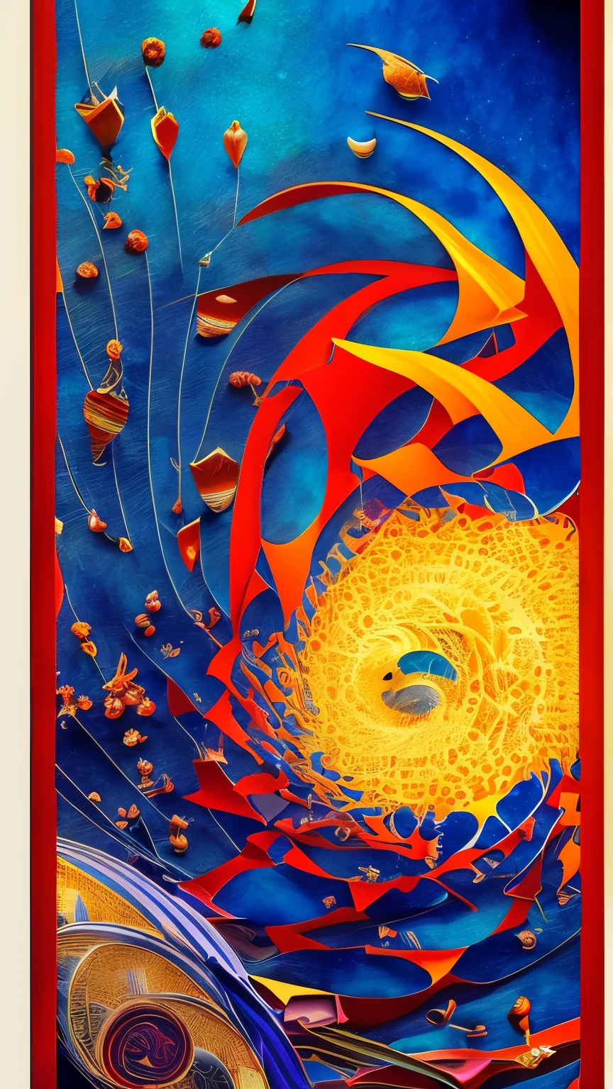 best quality, super fine, 16k, incredibly absurdres, extremely detailed, 2.5D, delicate and dynamic, fusion of watercolors and oil paintings, mix of Japanese painting, ukiyo-e and woodblock prints, mix of monochrome and color, the transition of time, the birth and the disappearance of time, the Northern Renaissance steam diesel clock cyber, abstract symbolism, mystery, the big bang