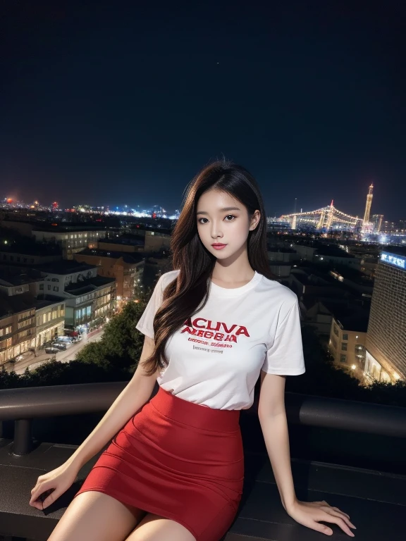 ((midnight, Acura, 8K, masterpiece: 1.3)), Full Body Love, long legs, focusing lens: 1.2, Beautiful woman with perfect body: 1.4, Slim abs: 1.1, (Dark brown hair,: 1.2 )), (Big red tight T-shirt,Short skirt,Sitting on a stool: 1.2), (City night scene, roof: 1.3)), Highly detailed face and skin textures, Delicate eyes, Double eyelids,