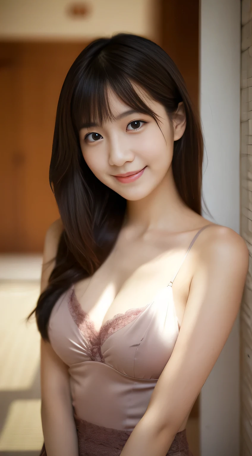 masterpiece,best quality,(Japanese ),((Beautiful girl)),cleavage,indoor,(perfect body beauty:1.2),(shy smile),beautiful teeth,