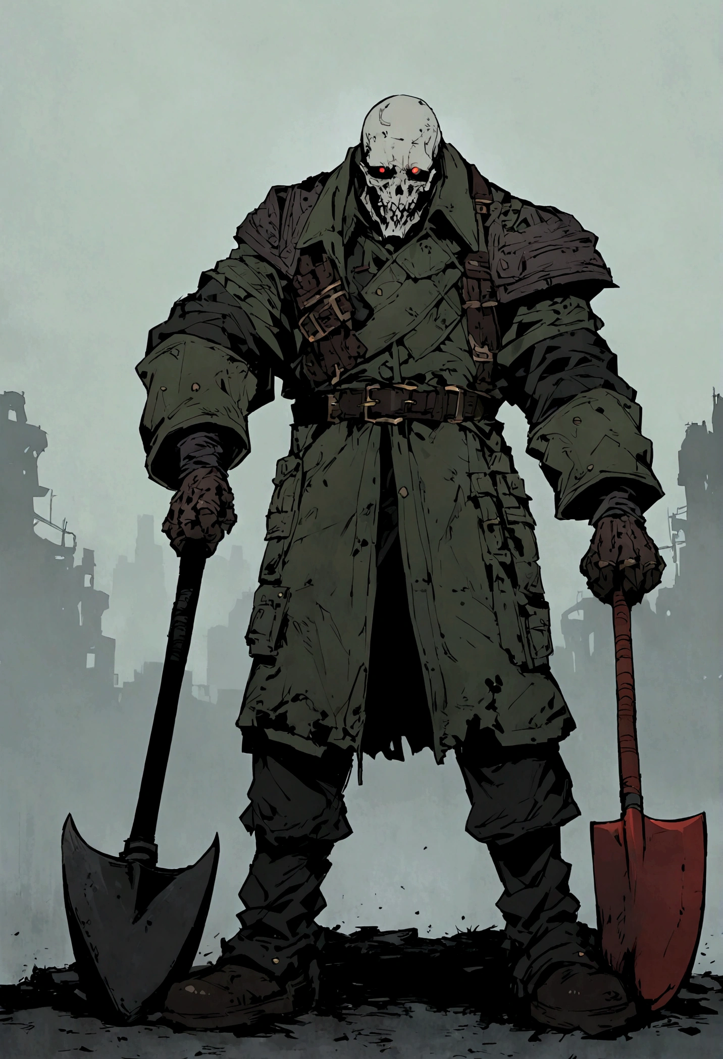 An undead graverobber with a split jaw and empty eye sockets, gloomy atmosphere, rot, full body, shovel in hand