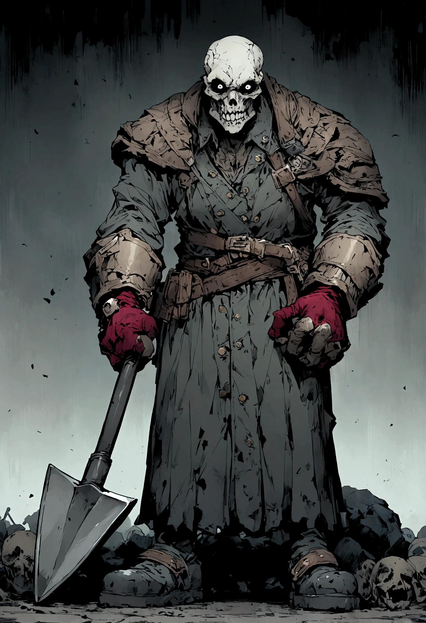 An undead graverobber with a split jaw and empty eye sockets, gloomy atmosphere, rot, full body, shovel in hand