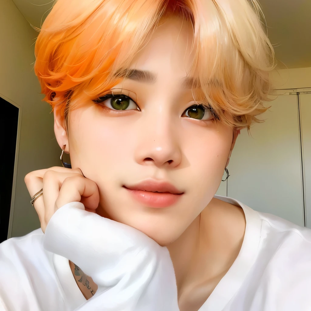 Mujer arafed con cabello naranja y ojos verdes posando para una foto., Jimin\los labios carnosos, park Jimin, Jimin, Jimin\his right eyelid is swollen, Jimin\'s grecian nose, accurate Jimin face, con pelo corto, cai xukun, ruan cute vtuber, foto de perfil en la cabeza, pale korean adorable face, jungkook