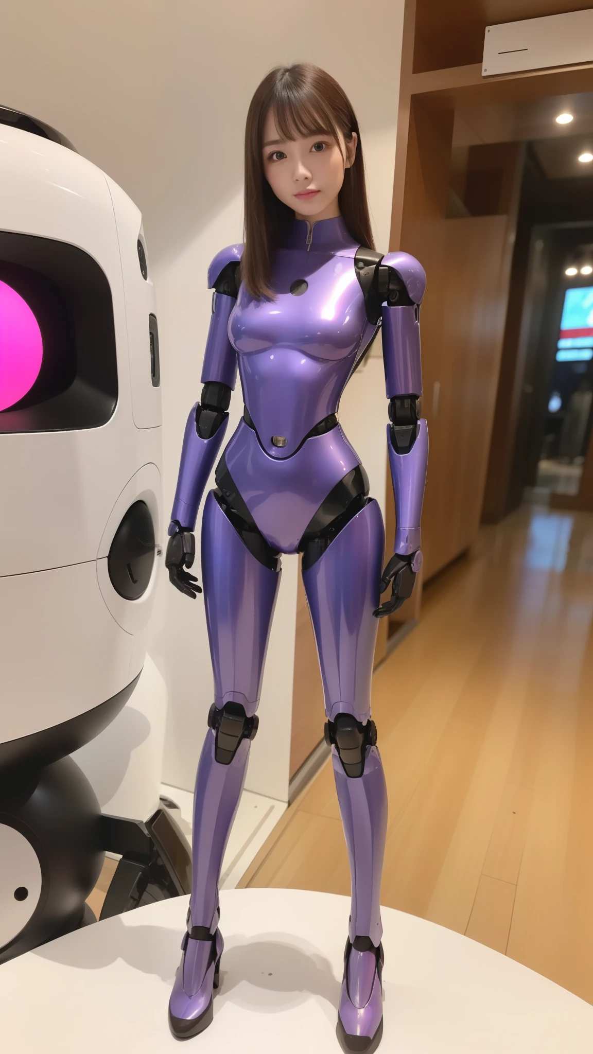 (Photorealsitic:1.4)、one robot woman、(top-quality)、(hyperdetailed face)、(Super well-formed face)、(Robot Parts)、(Female-Robot)、(25 years-old)、(pink)、(Burgundy)、(metallic)、(full-body)、(sexy pose)、(Slender body)、(Model body type)、(full body mech)、(Akihabara)、(is looking at the camera)、(A brown-haired)、(Well-proportioned body)、(a small face)、(a small head)、(well-groomed fingers)、(Idol)、(front facing)、(Standing with legs open)、(Photo session)、(Looks sad)、(perfect-female-robot)、(perfect-mechanical-body)