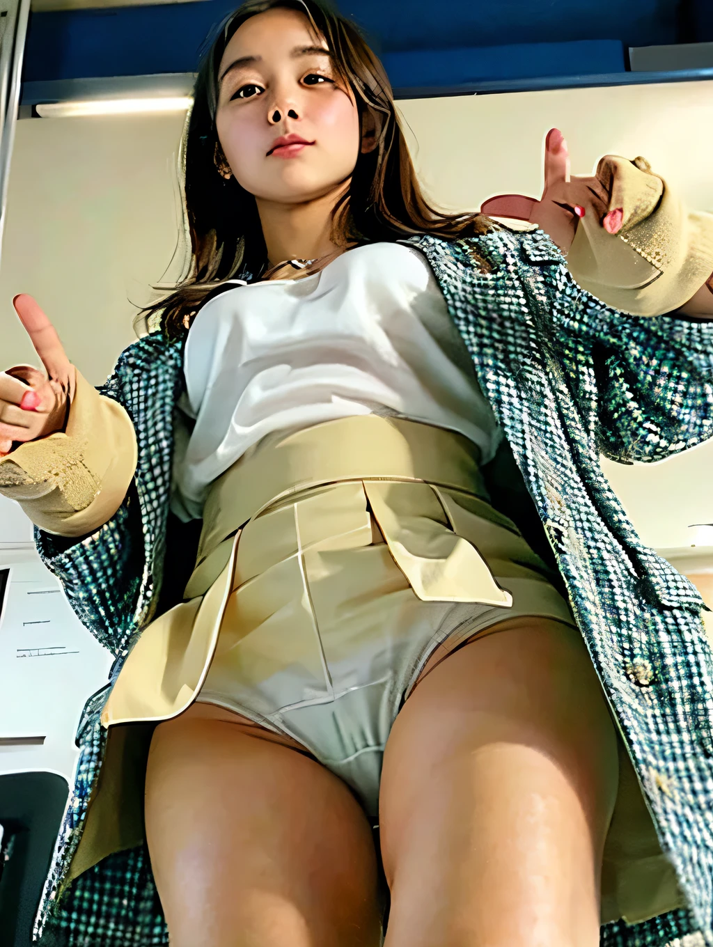 masterpiece, best quality, ultra-detailed, from below,
1woman, 25 yo, solo, beautiful detailed woman, black hair, looking at viewer,
surprised, embarrassed, blushing,
office worker,
standing, make fist, beautiful hands, beautiful fingers, make fist, hands on ,
(dark blue suit), (white collared shirt), (dark blue pleated skirt),upskirtelow
(intricated panties), (detanties),
indoor, off
