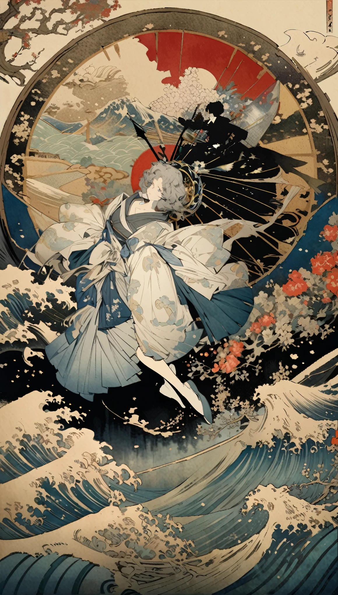 best quality, super fine, 16k, incredibly absurdres, extremely detailed, 2.5D, delicate and dynamic, fusion of watercolors and oil paintings, mix of Japanese painting, ukiyo-e and woodblock prints, mix of monochrome and color, the transition of time, the birth and the disappearance of time, the Northern Renaissance steam diesel clock cyber, abstract symbolism, mystery, the big bang