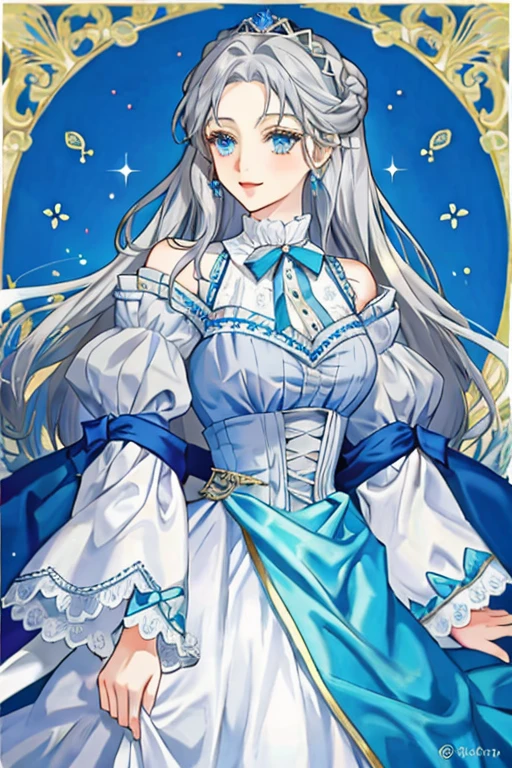 anime woman in her late 40s with long silver hair and blue eyes dressed in a Victorian style dress