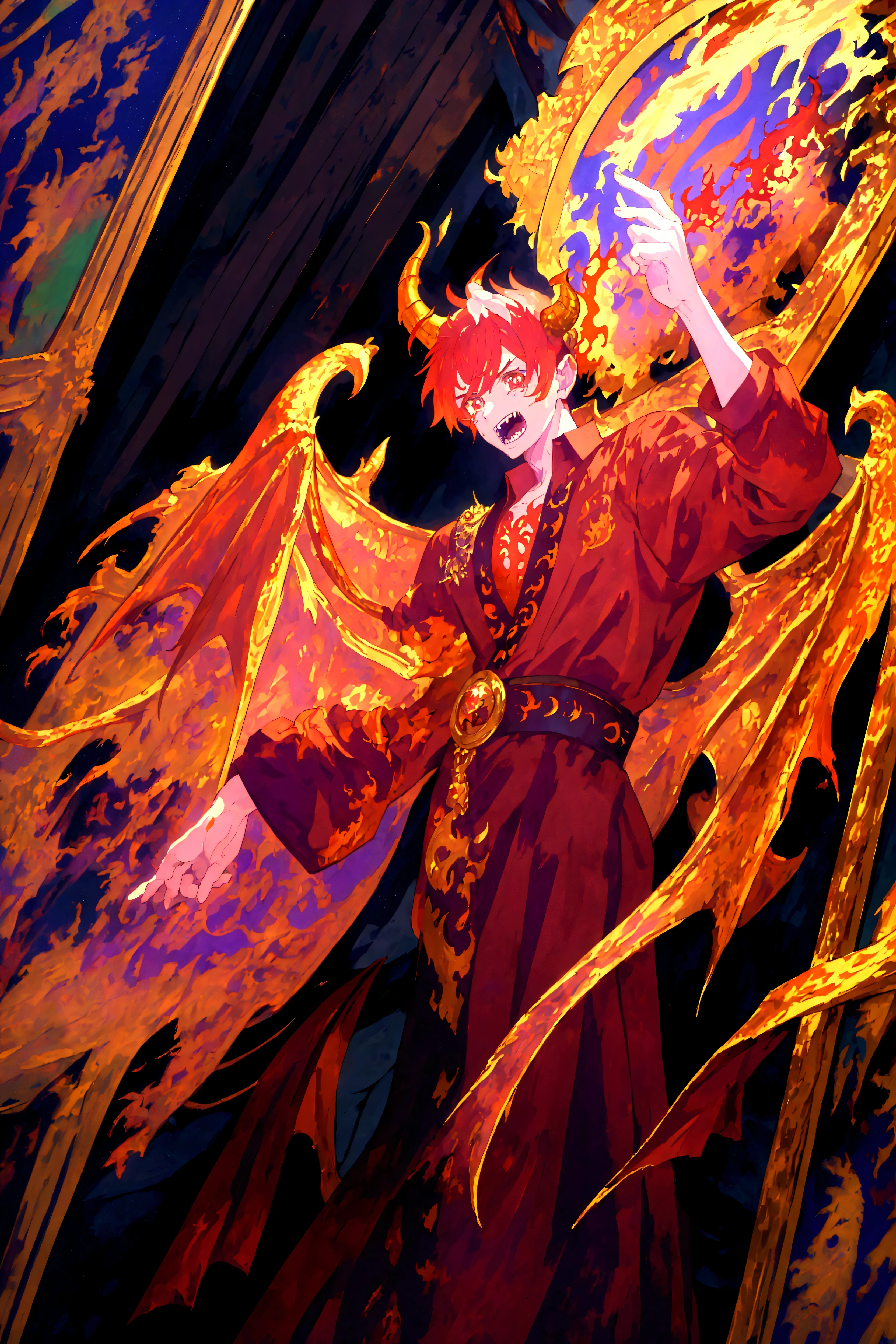 1 man, red hair, full body, ((half human and half dragon)), menacing gaze, horns coming out of his head and neck, golden scales around his arms, inspired by The Fallen Angel ((The Crying Lucifer Painting)) , breath of fire character, emperor of dragons, kaiser, ((best angle)), ((best details)), ((pose of glory and power)), transforming into a dragon;