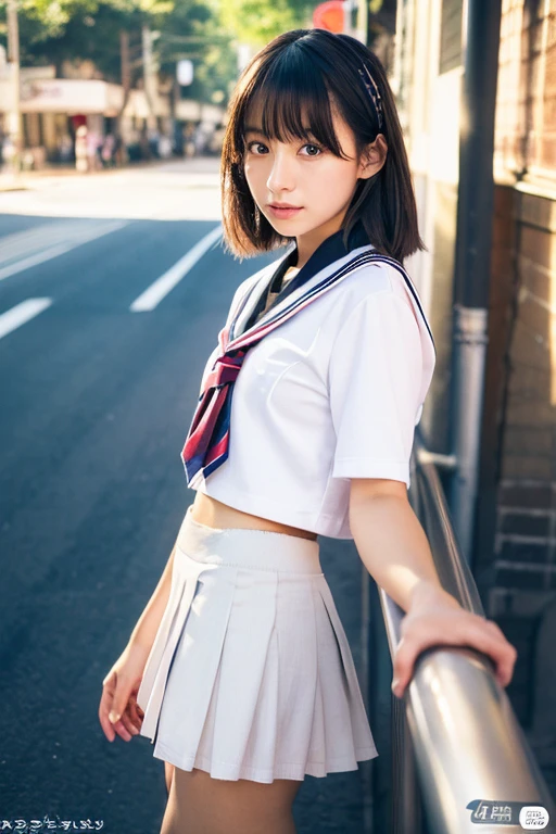 (raw, Best Quality, masutepiece:1.5), (photographrealistic, Intricate details:1.2), 超A high resolution, absurderes, 1girl in, Beautiful face, a smile,symmetrical eye, Light on Face, Front view, Short hair, Twin-tailed, (serafuku, Student Sailor Uniform:1.2), Pleated skirt, White socks, Black shoes, medium breasts, Plump, Real skin texture, (facing:1.2), Sitting, On the train, Shy, blush, Sunset, Bokeh, Film grain, Natural lighting, The best lighting, Detailed background, detailed shadow, Sharp Focus, Depth of field f/2,