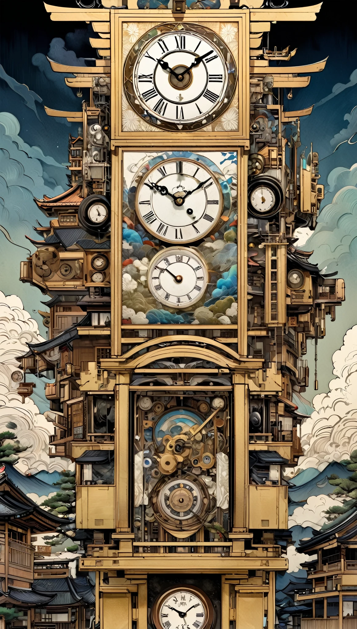best quality, super fine, 16k, incredibly absurdres, extremely detailed, 2.5D, delicate and dynamic, fusion of watercolors and oil paintings, mix of Japanese painting, ukiyo-e and woodblock prints, mix of monochrome and color, the transition of time, the birth and the disappearance of time, the Northern Renaissance steam diesel clock cyber, abstract symbolism, mystery, the big bang