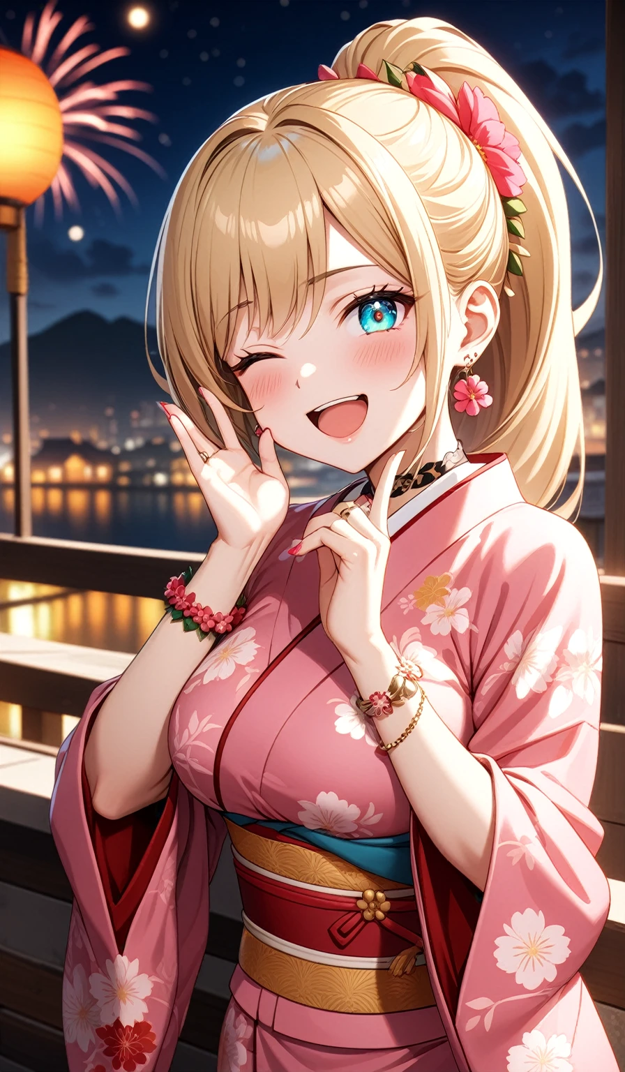 ((one personの女性)), Beautiful Face, Laughing embarrassedly,((Wink:2.0)),(She is giving a high-five to a friend. She is smiling energetically with her hand outstretched),Laughing with your mouth open,((Red cheeks:1.4)),Lighting on the face,Glossy pink lips,night,rooftop,Festive decorations,You can see the ocean, firework,((Anime style background)),masterpiece, highest quality, so beautiful, Latest, Complex details, (Pink long nails),(ring),(flower bracelet),Floral choker,AI-generated, Complex,High resolution, highest quality, super high quality,3D Images、View your viewers、3D Images,one person,Long Blonde Hair,High Ponytail,Turquoise Eyes,Anime woman posing for a photo, (Fine grain,Colorful eyes,Shining Eyes:1.4),(Squint your eyes:1.1),a hyperRealistic , hyperRealistic , Realistic,Blonde anime woman with long hair, Smooth anime CG art, A woman in a colorful kimono with gold embroidery, (Pink kimono),Red floral pattern,Long flower hair ornament,Large floral earrings,(ring),(Big Breasts:1.1),Mature Body,Tall,Big Ass,Fine details,Narrow waist,Abdominal muscles,(Zoom in on face:1.1)