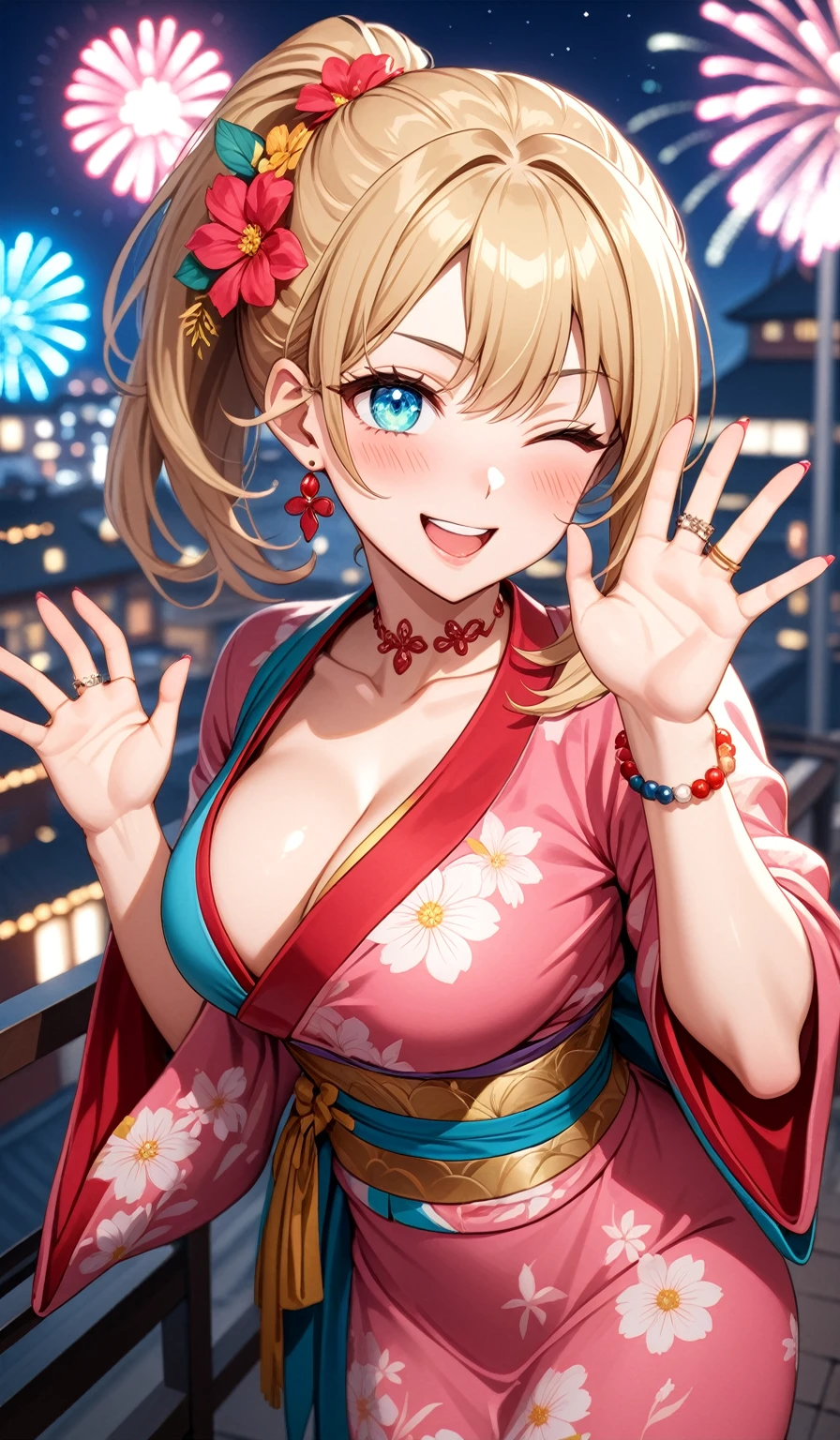 ((one personの女性)), Beautiful Face, Laughing embarrassedly,((Wink:2.0)),(She is giving a high-five to a friend. She is smiling energetically with her hand outstretched),Laughing with your mouth open,((Red cheeks:1.4)),Lighting on the face,Glossy pink lips,night,rooftop,Festive decorations,You can see the ocean, firework,((Anime style background)),masterpiece, highest quality, so beautiful, Latest, Complex details, (Pink long nails),(ring),(flower bracelet),Floral choker,AI-generated, Complex,High resolution, highest quality, super high quality,3D Images、View your viewers、3D Images,one person,Long Blonde Hair,High Ponytail,Turquoise Eyes,Anime woman posing for a photo, (Fine grain,Colorful eyes,Shining Eyes:1.4),(Squint your eyes:1.1),a hyperRealistic , hyperRealistic , Realistic,Blonde anime woman with long hair, Smooth anime CG art, A woman in a colorful kimono with gold embroidery, (Pink kimono),Red floral pattern,Long flower hair ornament,Large floral earrings,(ring),(Big Breasts:1.1),Mature Body,Tall,Big Ass,Fine details,Narrow waist,Abdominal muscles,(Zoom in on face:1.1)