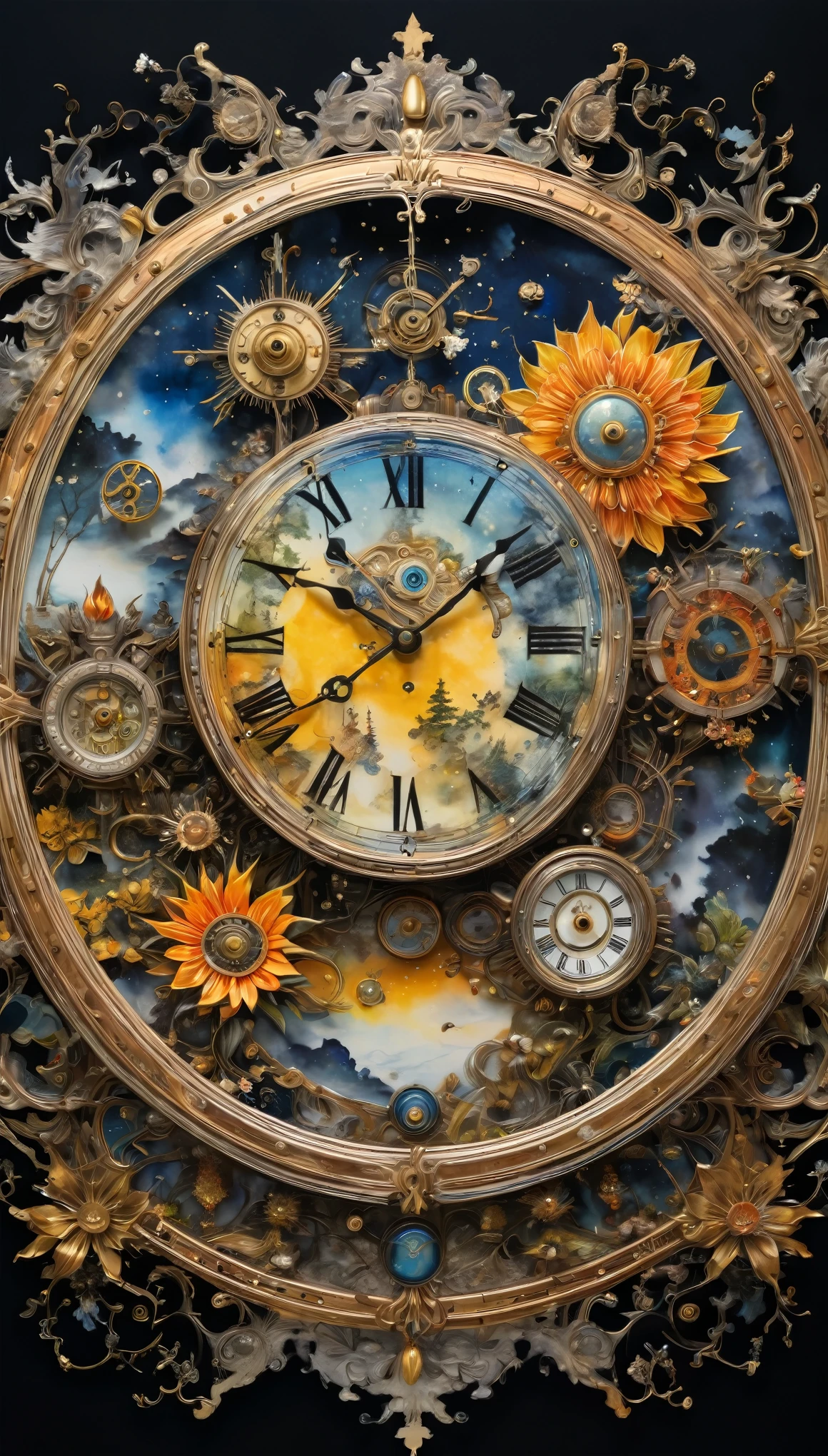 best quality, super fine, 16k, incredibly absurdres, extremely detailed, 2.5D, delicate and dynamic, fusion of watercolors and oil paintings, mix of Japanese painting, ukiyo-e and woodblock prints, mix of monochrome and color, the transition of time, the birth and the disappearance of time, the Northern Renaissance steam diesel clock cyber, abstract symbolism, mystery, the big bang