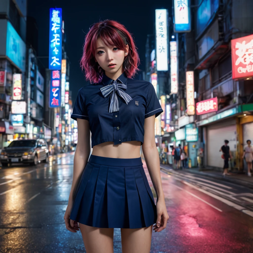 (8k, RAW photo, masterpiece:1.3), (realistic, photo-realistic:1.37), (night), (looking at viewer:1.331), (bloody hair), posing, Tokyo street, nightcityscape, cyberpunk city, soft light, nudwgirl, extremely beautiful face, bust, put down hands, Random hairstyle, Random expression, big eyes, lower abdomen, (short-sleeved .JK_shirt), JK_style, (dark blue short JK_skirt), (bow JK_tie), mix4., best quality, topless
