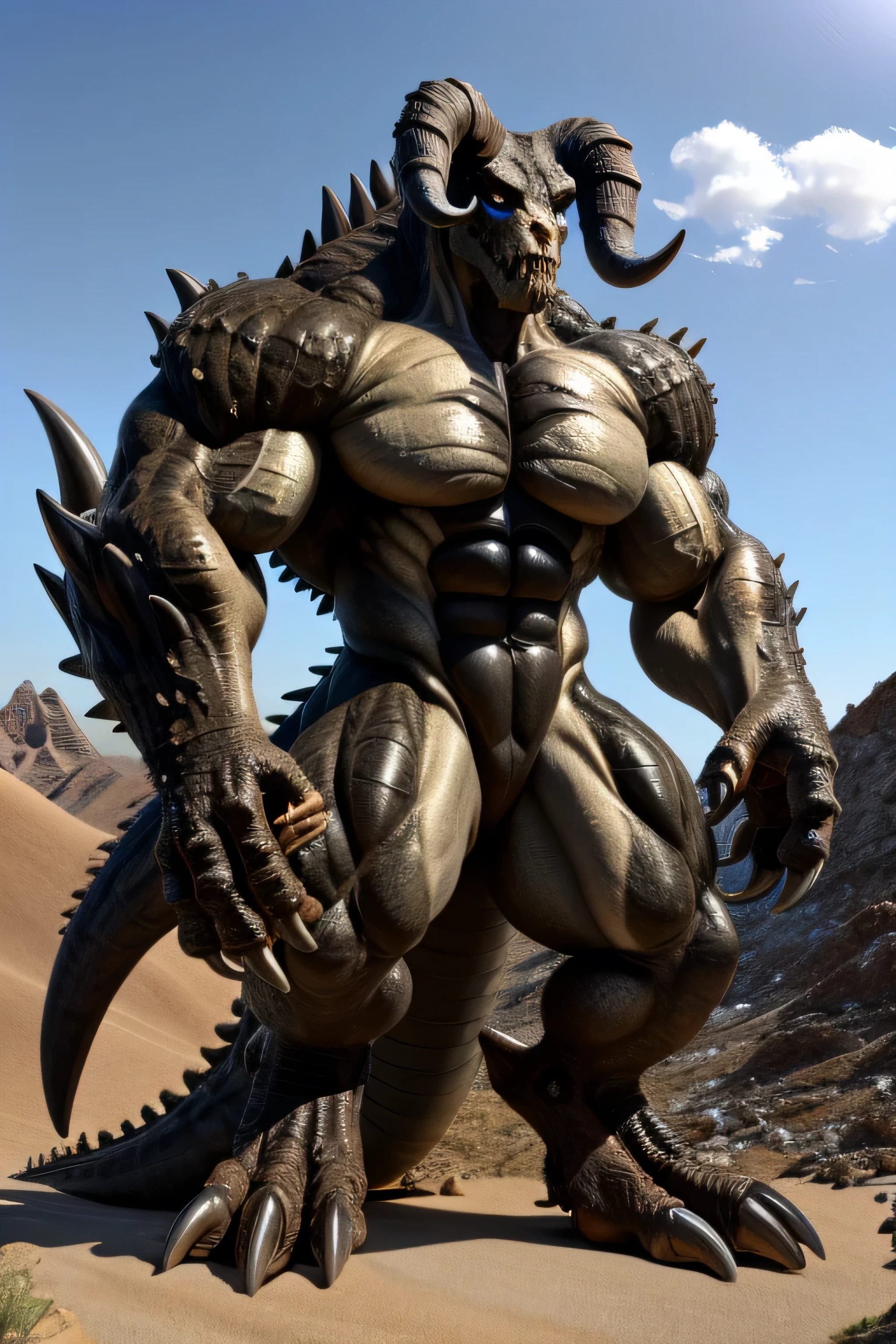 ((quality)), ((masterpiece)), (detailed), perfect face, anthro deathclaw, male, detailed blue eyes, fully naked, 3 toes, 4 fingers, 1 tail, black claws, horns, digitigrade legs, massive body muscles, bodybuilder, colossal macro height, macro, enormous body size, looking at viewer, detailed scales textures, micro mountain