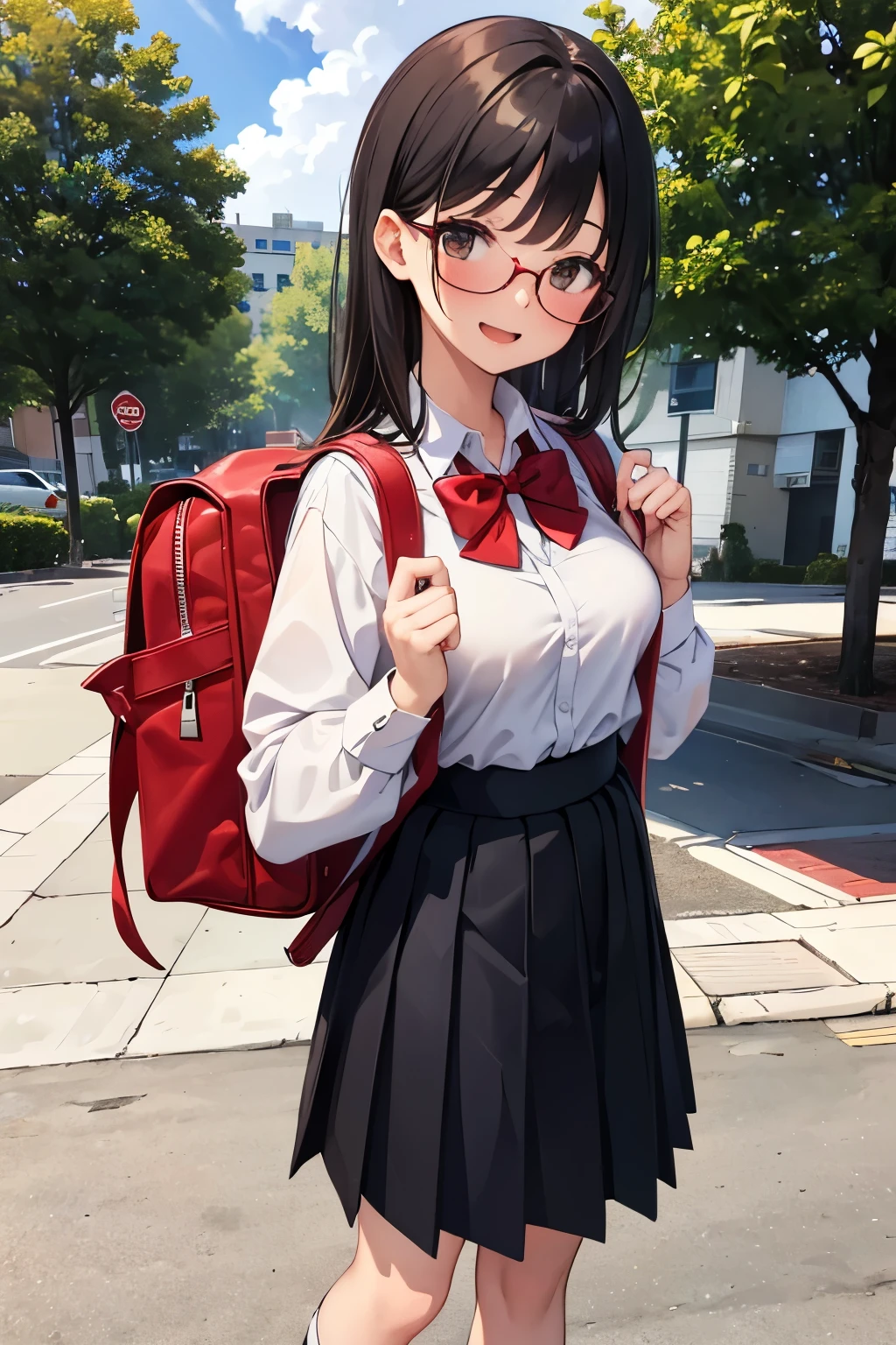 Masterpiece, hd, outdoor, 1girl, high school girl, medium hair, dark hair, medium breasts, school_uniform, wearing glasses, smile, opened mouth, white collared shirt, red bowtie, red pleated skirt, wearing red backpack, white socks, black shoes, standing, fullbody