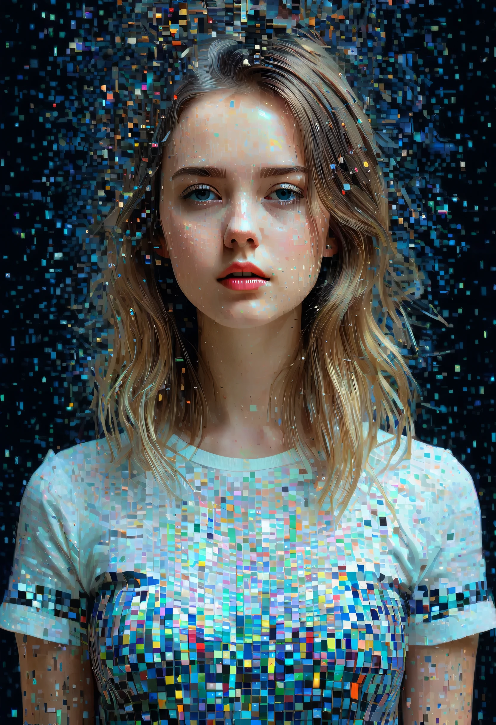 (masterpiece, Top quality, best quality, Official Art, beautiful and aesthetic:1.2), 1 Girl, glitch art, (digital distortion), Pixelate fragments, Data corruption,Colored Noise, Visual confusion,Contemporary Aesthetics