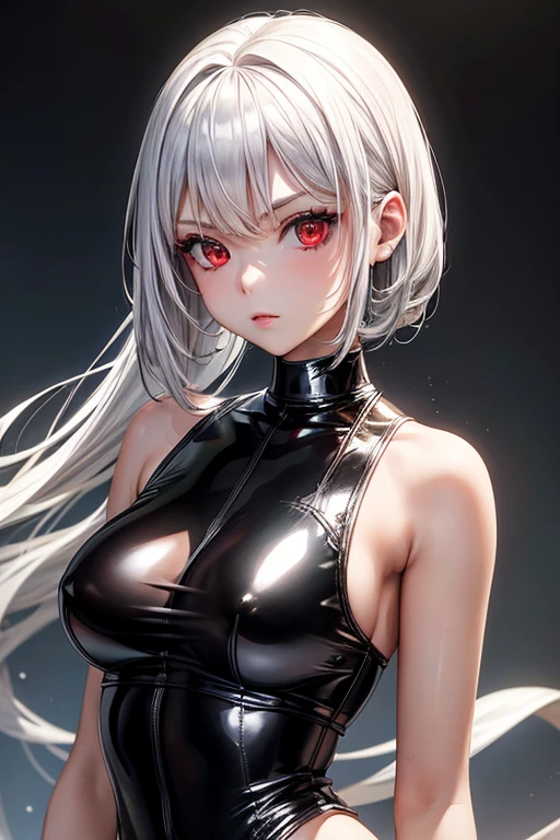 masterpiece,highest quality,Very detailed,One girl,Metallic White Silver Tank Top,latex,Black Bob,Red eyes,