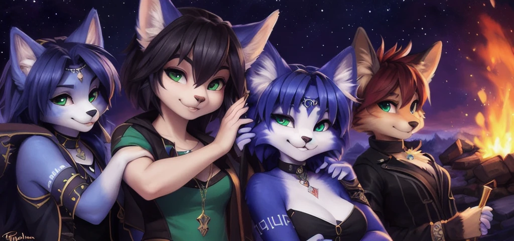 A beautiful and detailed (cute portrait) von ((Krystal)), Sternenfuchs Krystal, Schlank, liebenswert, green eyes, medium breasts, (((Lange blaue Haare 1.3))), Dekollete, Grinsen, hoch schauen,, anthro, Pelzig, Hochgeladen E621, detailed flauschige fur, (von Fluff-Kevlar, Bayard Wu, personalami, Pino Daeni), detailliertes Gesicht, (flauschige), 1 girl, Pelzkleid, tattooed arms, dunkle Schatten, smiling, An einem Strand, in der Nacht, Sterne im Himmel, dunkelblauer Himmel, lit by a campfire, 4k, Gothic-Stil, lulu, final fantasy, lulu cosplay from final fantasy 10