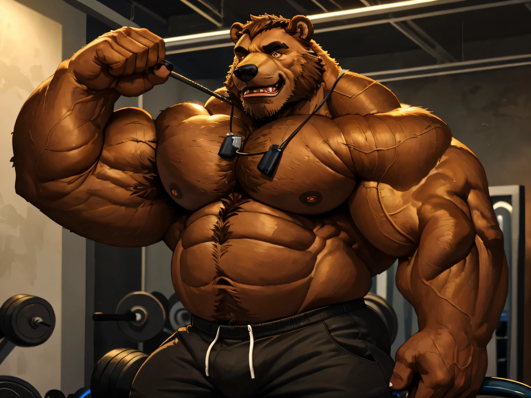 (best quality, 4k, highres, masterpiece:1.2), 1bear, ultra-detailed, fury, furry art (realistic, photorealistic, photo-realistic:1.37), massive muscular, huge muscular, chubby Grizzly bear, working out, workout in the gym, pulley cable extractions, cable exercise machine, straining, sweating, black shorts and black wristbands, lifting heaviest weight, barbells, gym equipments, brown hair, thick brown fur, super thick arms, super big pectoral, super wide hairy pectoral, topless, shirtless, eyebrows, impressive brown beard, kind eyes, strong arms, proud posture, well-built physique, professional lighting and backdrop, intense shadows, vibrant colors, dramatic composition, gritty texture, vintage aesthetic, dynamic perspective. Add textures and details to make the image more realistic, such as the appearance of the body built muscles texture and the appearance of the brown fur,