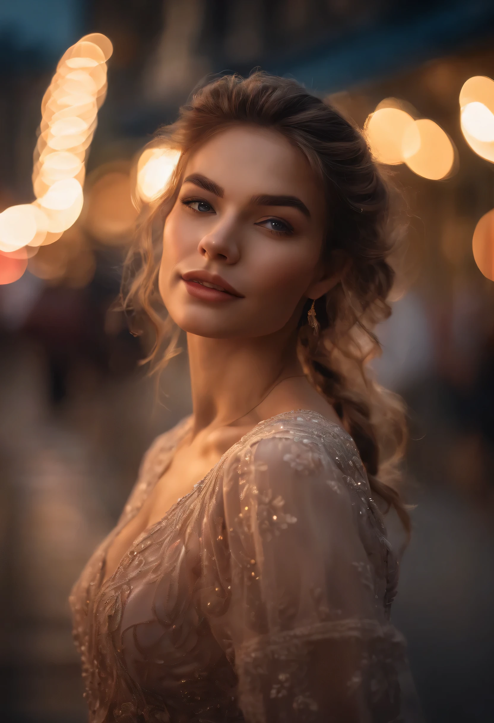 best quality, photorealistic, 1girl, woman,(skindentation), medium breast, (bright), (professional lighting, bokeh), (street), people, crowds, braided bangs, (blouse:1.5), (portait:0.8), gorgeous, bloom, floating hair, (dynamic pose:0.6) , soft lighting, 