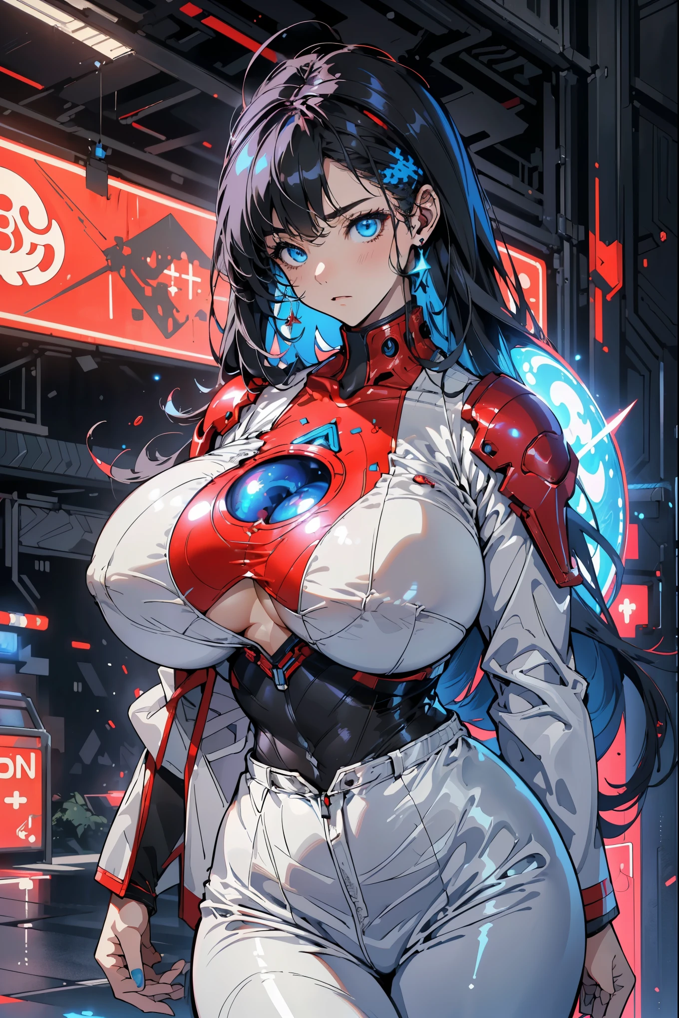 (best quality,high resolution,Ultra Detailed,Practical) ,Close up of Ariana Grande with red leather pants, Red Top, White grey long hair, (Alien invasion background alien spaceship:1.4), (Beautiful blue eyes big stone black:1.4) , (Cowboy pose ), (Practical) ,High-quality 8K detailed art, Best ArtStation Fan Art, Fantasy art style , (Seaborg white red:1.4), (Doomsday city color cyberpunk:1.4)huge , Crazy breast swelling, Chest larger than shoulder blades, Big breasts and thin waist,(huge breasts:1.2),Hydrated skin((rogue))((非常huge乳房)),((Grooves reveal original skin))