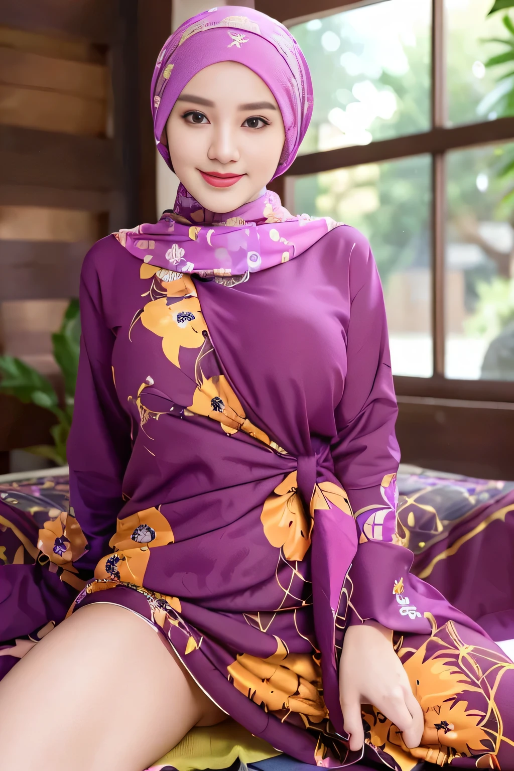 (4k, highres, masterpiece:1.2), ultra-detailed, (realistic:1.37), professional, portrait, Arabian, model, hijab, photo studio, romantic background, beauty, body, big breast, sexy, dress, uniform, cosplay, student, patung dress, sensual pose, open legs, smile, vivid colors, Bokeh, soft lighting