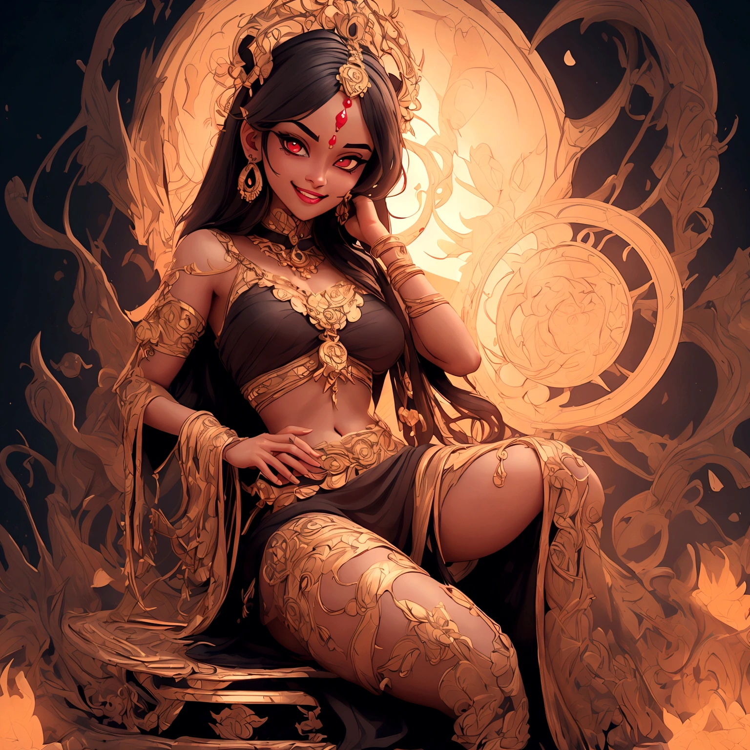 (best quality,realistic:1.2),(best quality,4k,8k,highres,masterpiece:1.2),ultra-detailed, 1woman, Indian Goddess Kali, Black Hair, dark brown skin, wicked, chaotic, seductive eyes, malicious smile, laughing maniacally, looking at the viewer. seductive pose, realhips, paricho, drawn in the style of Yoshitaka Amano, HDR, 8k, absurdres, cinestill 800, sharp focus, 4k , great details and colours, HDR, 8k, absurdres, cinestill 800, sharp focus, add_detail:2, Ultra HD | | | ((Fullbody-shot)) add_detail:2 (1woman, solo)
