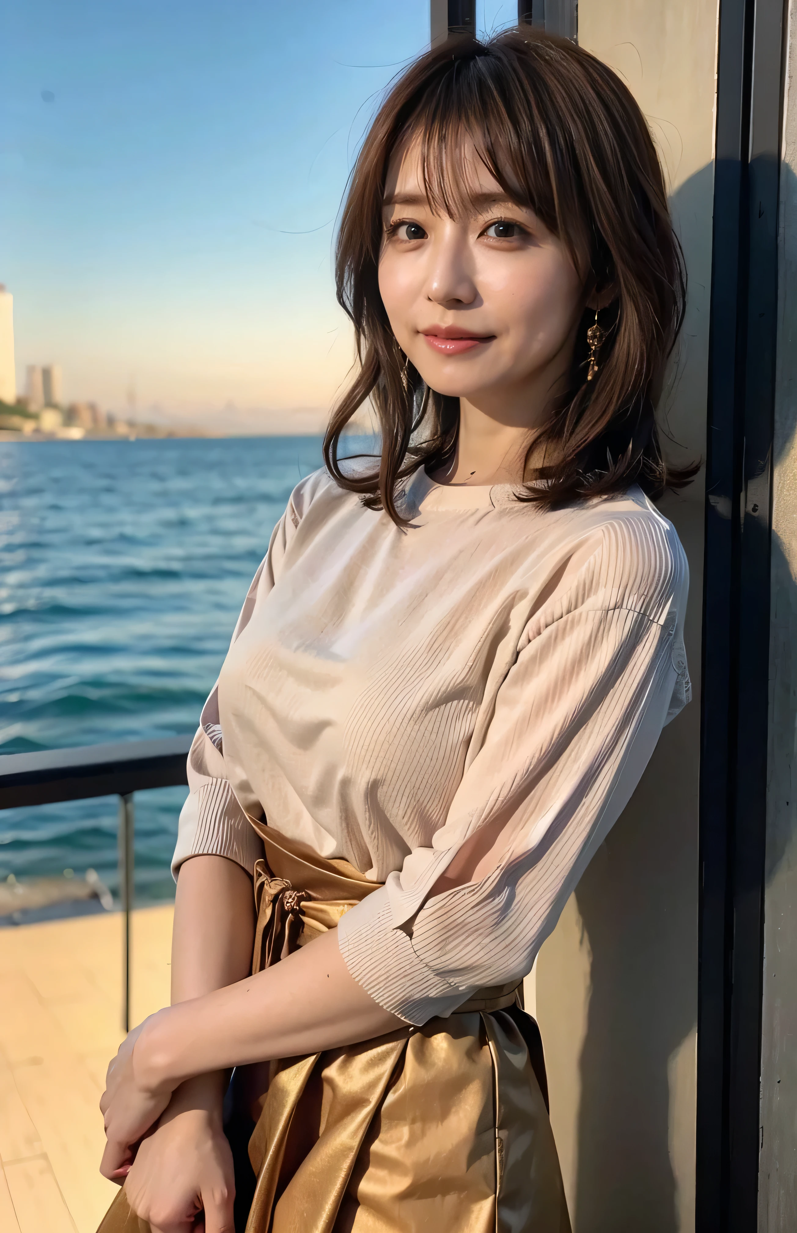 The sky turns red、Light brown hair、Elegant hairstyle、Blue Eyed Woman、A woman with a cute upward gaze、When the sky gets dark、The sky turns red as the sun sets、Tight clothing that shows your body lines、、Elegant summer knitwear、Elegant summer sweater、Leather Belt、Short skirt、Dress elegantly着こなす、Luxury Bagedium Shorthair:1.4))、The sun shines on her、Light brown hair、Light brown hair、The sky was dyed red、There are clouds、private's cute、Her ample breasts are obvious even through her clothes..、The shining sun is so beautiful、Dusk is approaching、Lens flare、I can see the sunset、((Sunlight reflecting off the ocean、Ocean View、The sun shines on the sea、'beautiful.、Small earrings、private'evening、Birds are also flying、、Brown Hair Color、Tying up hair、The woman is on the right:1.4))、Luxury Leather Belts、Shiny clothes、Light beige hair color、Background Blur、Braid only the front hair、Light brown hair、{{Cowgirl Shot}}、((Close-up shot from the waist up、Ample breasts:1.4))、Smile、Silk clothing、Ample breasts that can be seen even through clothes、Braid only the front hair、Cowboy Shot、Gorgeous white collared silk shirt and brown skirt、Dress elegantly、Luxury Bags、A lovely smile、((Ample breasts))、Full body photo、ring、Short skirt、Tuck your hair behind one ear、Silver Necklace、smile、 Elegant ponytail、Caustics、Highly detailed photos、Very beautiful and ideal short hair、Super no makeup、(8k、RAW Photos、highest quality、masterpiece:1.2)、(Realistic、Realistic)、1 girl、((Medium Short Hair、Looking into the camera:1.4))、Hair blowing in the wind