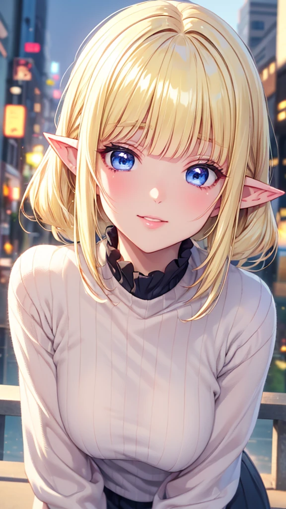 Very close、((Focus on the upper body))、16k、masterpiece、High resolution、High resolution、((1 young elven female))、((Beautiful shiny white skin))、((Beautiful blonde))、short hair、((Beautiful Blue Eyes))、((Pointy Ears))、Smiling Kindly、Grin、blush、Pink Lip Gloss、Shiny skin、((Ruffled summer sweater))、((In a crowded city))、Look at me、Kiss me