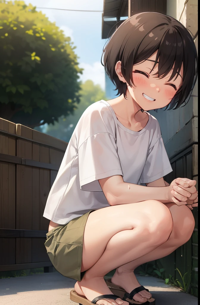 Residential Street,smile,Squat,close your eyes,1 ,boyish.short hair,Black Hair,blush,White T-shirt,Olive green shorts,Brown Sandals,White skin,summer,From below,Open your hands,shy,Sweat,Grin,