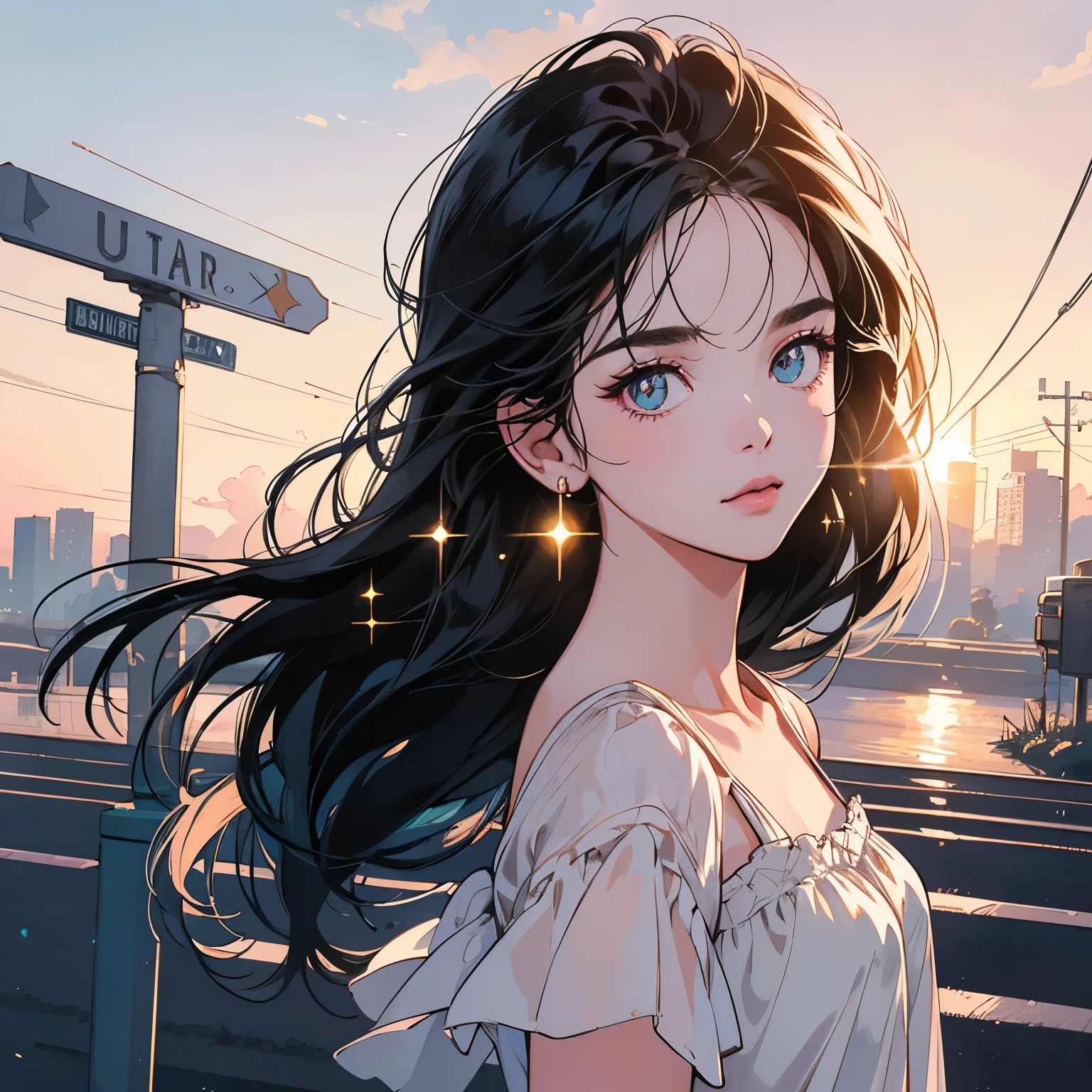 Upper body, 1 Woman, Top Quality, 14k, wind blowing, white camisole, sunset, skyscraper, power lines, crosswalk, sign, railroad tracks, train station, (((sparkling eyes))), (((mysterious))), light black hair, detailed hair, detailed background, top quality, light lighting, backlight, dim, clouds, front, (((overhead shot))), looking at viewer backlight, dim, clouds, frontal face, looking at viewer,Very beautiful women, Noble
