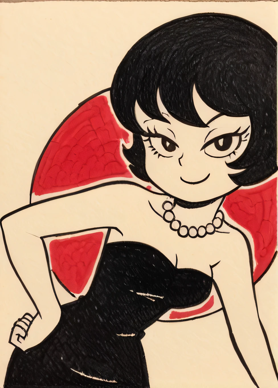 Jucika, traditional media, black eyes, black hair, short hair, flat color, solid color, colored skin, zPDXL, best quality, amazing quality, score 9, 1girl, collarbone, strapless black tube dress, pearl necklace, hand on hip, looking at viewer, half-closed eyes, blue bubbles floating around her and red colorful square abstract background, seductive smile