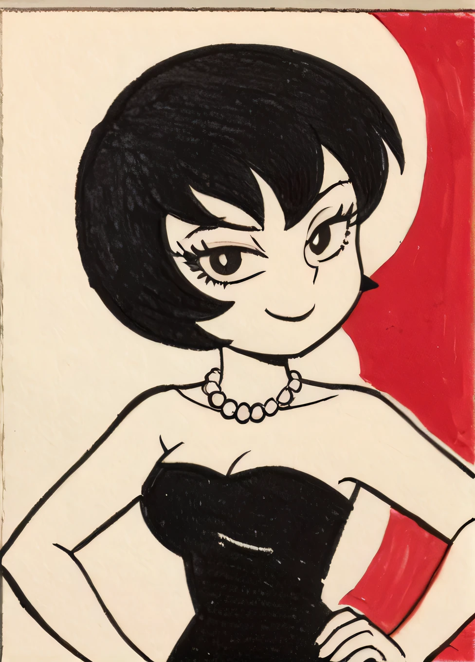 Jucika, traditional media, black eyes, black hair, short hair, flat color, solid color, colored skin, zPDXL, best quality, amazing quality, score 9, 1girl, collarbone, strapless black tube dress, pearl necklace, hand on hip, looking at viewer, half-closed eyes, blue bubbles floating around her and red colorful square abstract background, seductive smile