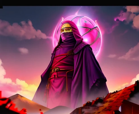 derpd, lethal prison killer in robes, danger, pink sky, post apocalypse, prisoner clothes, a giant eye of pink light, RED JAIL CLOTHES, Mamluk, slipknot