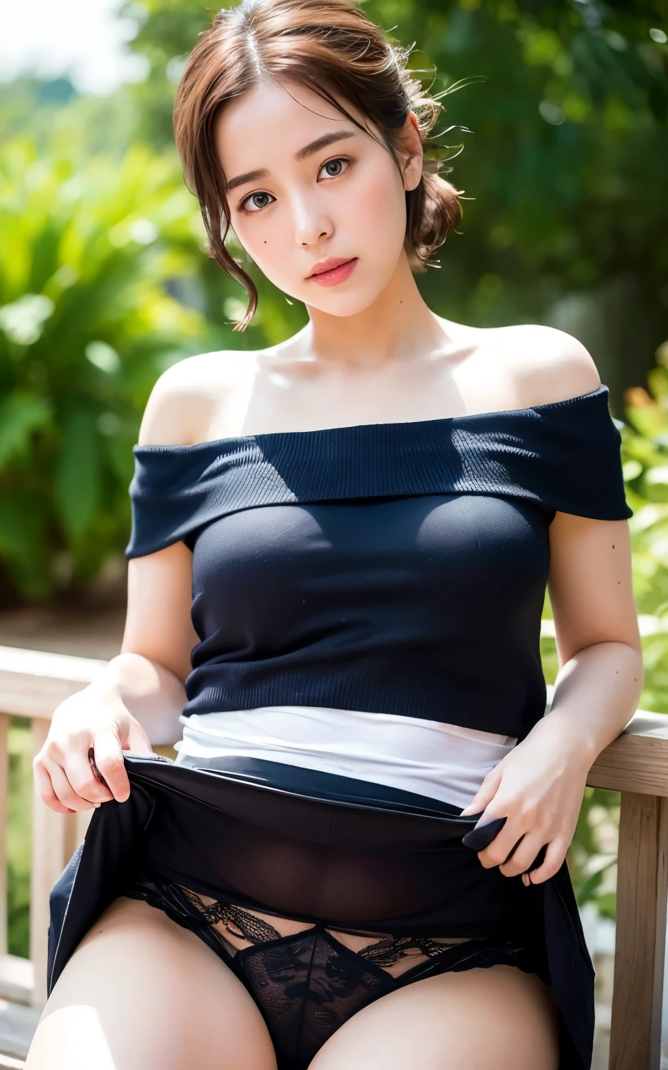((highest quality)), ((masterpiece)), (become familiar with), perfect face, , realistic, photo realistic, highly detailed face、Amateur girl with a plain face,、A little plump、 18 ~ Random age between 35 years, (skirt lift), ((skirt lift by myself)), black lace panties , panties focus, blush:2.0,half open mouth、 parted lips, embarrassed look、looking at the viewer , half body shot , wearing an off-shoulder shirt , ,Random hairstyles for short hair or updo、outdoor、sweaty、wet skin、camel finger、thigh gap、wet crotch