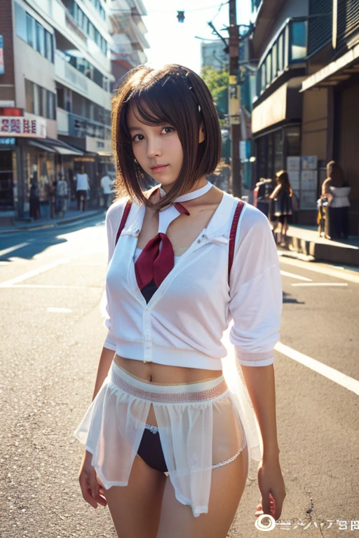 Analog Style, RAWphotograph, photograph, Hyperrealistic, amateur photo shot , Aesthetic artwork, ((Magazine Cover、Large text)), On the city streets, Detailed skin, detailed natural raw light, Very detailedな, Cinematic, highest quality, Super detailed, Very detailed, grain, noise, Heading, stylish, font, Memorable、A boyish and healthy beautiful girl,((Flowing sweat)) Beautiful Eyes, Realistic eyes, Beautiful details in the eyes, (Realistic Skin),Japanese Idols、short hair、(((High school girl)))、(((Short skirt))),choker , (((High school uniform))) , (((small panties))) , (((thong panties))) , (((string panties)))