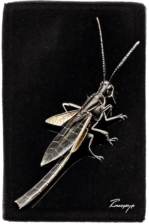 Drawing of black grasshopper from the side 