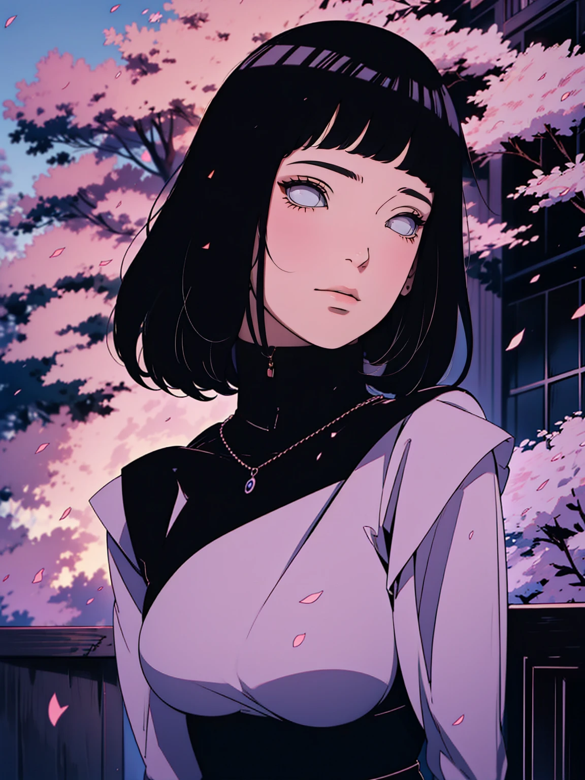 { - anatomy error} (Masterpiece - Ultra-detailed, very high resolution) Meisterwerk, absurdres, Hinata\(Boruto\), 1girls, nur,reifes Weibchen, lila Kapuzenpullover,layered sleeves, braune Hose, al fresco,Lavendelblütenfeld, Blick auf den Betrachter, (falling petals), overcast sky, Perfekte Komposition, Detaillierte Lippen, large chest, Beautiful face, Body Propotion, (black dress), flush, (rosa Lippen), (black hair) Lange Haare, lila Augen, Sanfter Blick, sad smile, Super realistisch, Detailliert, Fotoshooting, Realistic face and body, Realistisches Haar, Realistische Augen, realistische Nase, Realistische Lippen, backwards, looking back