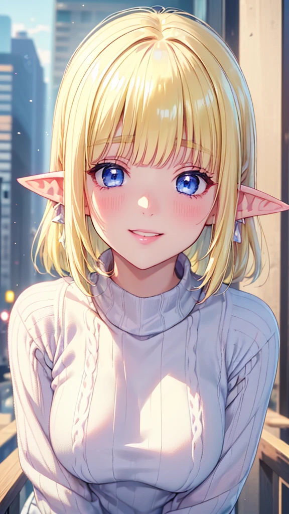 ((Closer to me))、((Focus on the upper body))、16k、masterpiece、High resolution、High resolution、((ung elven female))、((Beautiful shiny white skin))、((Beautiful blonde))、short hair、((Beautiful Blue Eyes))、((Pointy Ears))、Smiling Kindly、Grin、blush、Pink Lip Gloss、Shiny skin、((Ruffled summer sweater))、((In a crowded city))、Kiss me