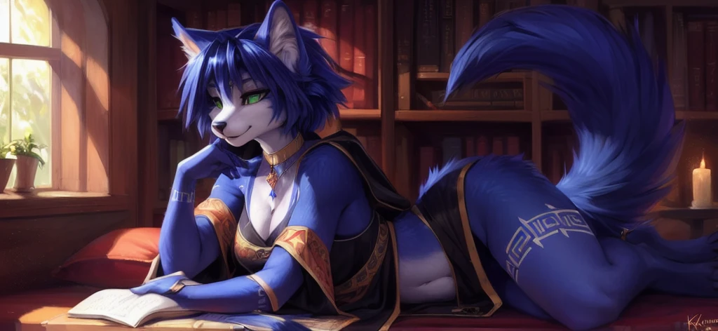A beautiful and detailed (sweet picture) von ((Krystal)), Sternenfuchs Krystal, Schlank, liebenswert, green eyes, medium breasts, (((Lange blaue Haare 1.3))),  ((schwarze haarspitzen)), Dekollete, Grinsen, hoch schauen,, anthro, Pelzig, Hochgeladen E621, detailed flauschige fur, (von Fluff-Kevlar, Bayard Wu, Personalami, Pino Daeni), detailliertes Gesicht, (flauschige), 1 girl, Allein,  Stammes-Kleidung, sweet girl, solo, wears a mages robe 
