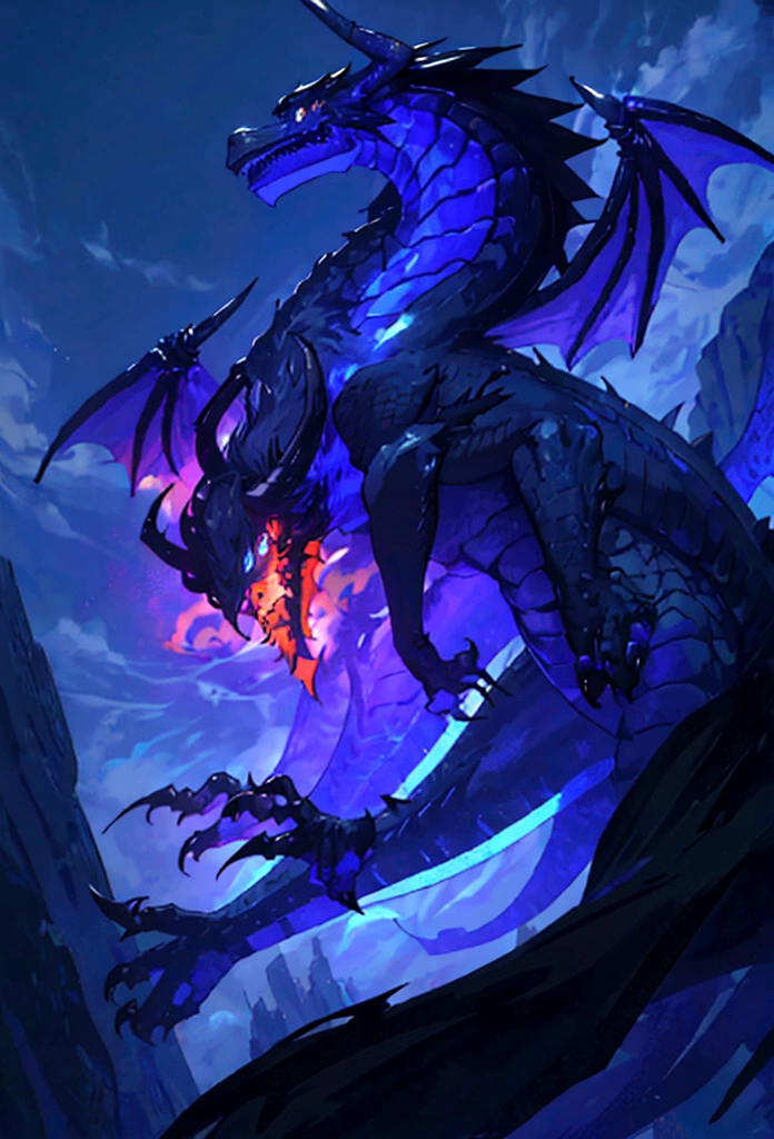 1 man, long black hair, ((half human and half dragon)), threatening look, horns coming out of his neck, black scales around the body, well-designed draconic teeth, frightening look, breath of fire character, right hand of the emperor, Vaisel, blue flames; ((best angle)); ((better details));  transforming into a dragon;