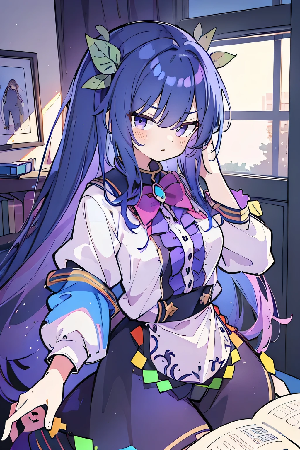 (Best Quality: 1.3), (Masterpiece: 1.3), (Illustration: 1.3), (Ultra Detailed: 1.3), (Imide Lens: 0.9), 1girl, Medium Breasts, Purple Eyes, ((Dark Blue Hair) ), hair accessories, young, clothing-gladiia, long hair, dark blue hair, indoors, black shorts, high socks, low ponytail, expressionless, upper body, close-up, coat, skirt,