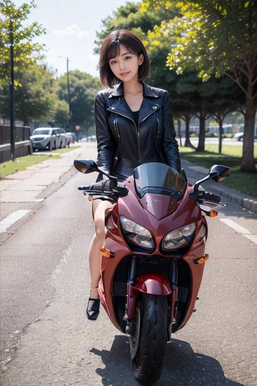 ((highest quality, 8K, masterpiece: 1.3)), sharp: 1.2, perfect body beauty: 1.4,pretty girl,light brown short hair,(((Girl on a motorcycle))),slender body,Highly detailed face and skin texture,fine eyes, double eyelid,((full body shot)),Natural light,smile,Detailed Motorcycle