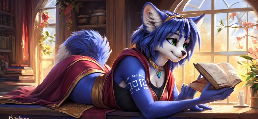 A beautiful and detailed (sweet picture) von ((Krystal)), Sternenfuchs Krystal, Schlank, liebenswert, green eyes, medium breasts, (((Lange blaue Haare 1.3))),  ((schwarze haarspitzen)), Dekollete, Grinsen, hoch schauen,, anthro, Pelzig, Hochgeladen E621, detailed flauschige fur, (von Fluff-Kevlar, Bayard Wu, Personalami, Pino Daeni), detailliertes Gesicht, (flauschige), 1 girl, Allein,  Stammes-Kleidung, sweet girl, solo, wears a mages robe 
