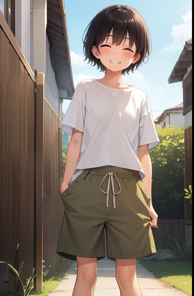 Residential Street,smile,Are standing,close your eyes,1 ,boyish.short hair,Black Hair,blush,White T-shirt,Olive green shorts,Brown Sandals,White skin,summer,From below,Open your hands,shy,Sweat,Grin,