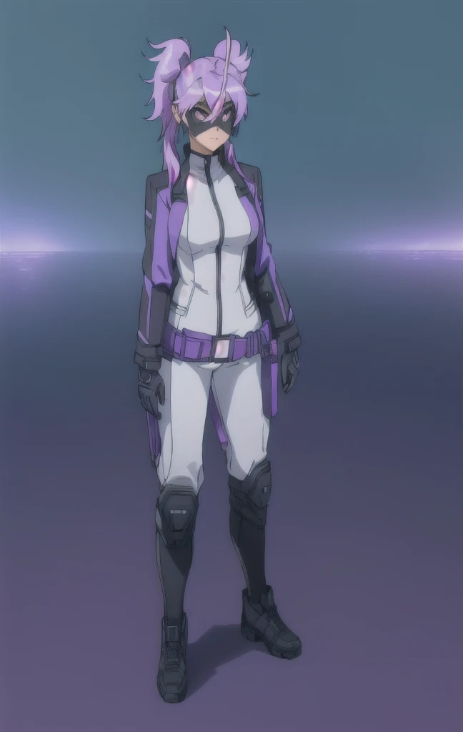 (masterpiece), best quality, a girl in a light purple suit and purple belt, Hero outfit, tight suit, full body, female hero, big boob, black mask in upper part face, black mask, light purple hair, short hair, black masquerade mask, twin tail hair, black boots