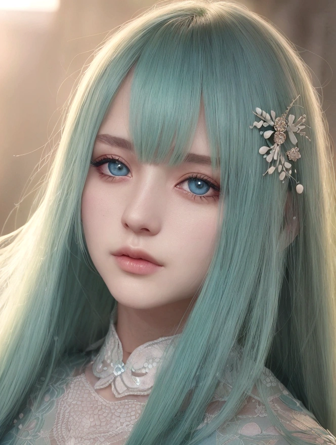score_9, score_8_up, score_7_up, Girl's profile picture, light green long hair with bangs, light blue petals on cheeks, realistic skin texture, detailed picture, close-up, HD32k
