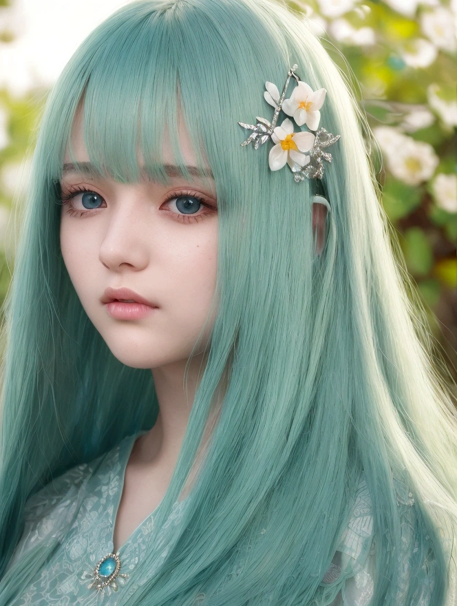 score_9, score_8_up, score_7_up, Girl's profile picture, light green long hair with bangs, light blue petals on cheeks, realistic skin texture, detailed picture, close-up, HD32k